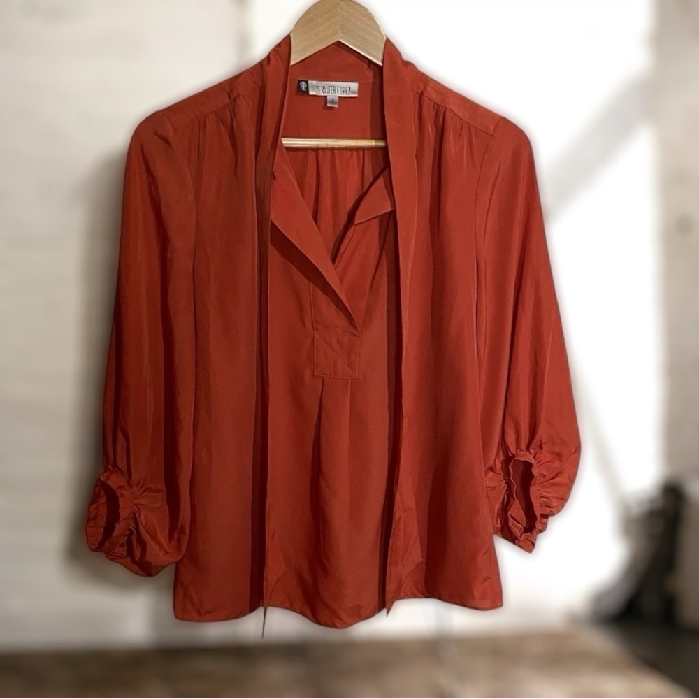 Elegant Pumpkin Chiffon Split Neck 3/4 sleeve with bow tie neckline